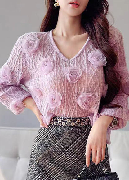Purple V Neck Knit Sweater Lantern Sleeve Fall