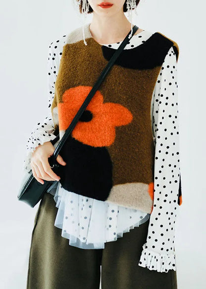 Jacquard Brown O-neck Woolen Waistcoat Sleeveless