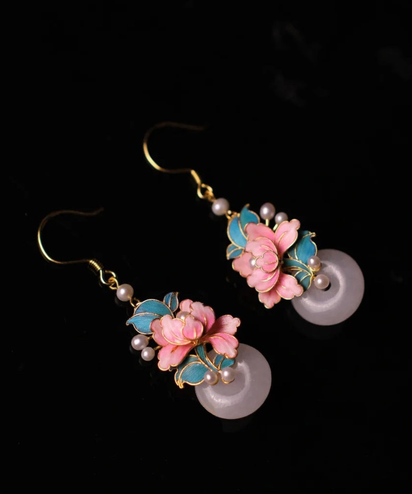 Pink Sterling Silver Overgild Enamel Ping Buckle Pearl Drop Earrings