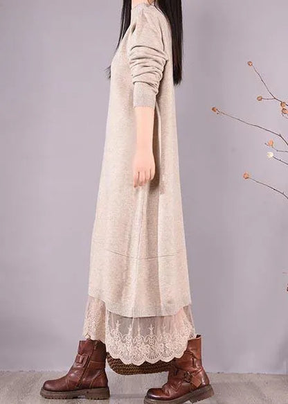 French O Neck Patchwork Lace Spring Clothes for Sewing Beige Robe Dresses