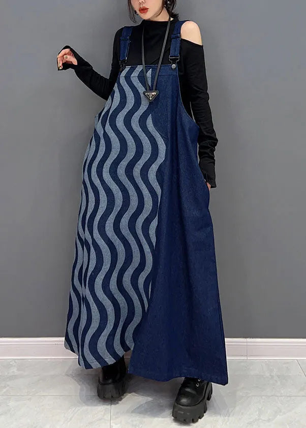 Blue Patchwork Cotton Denim Strap Dresses Spring
