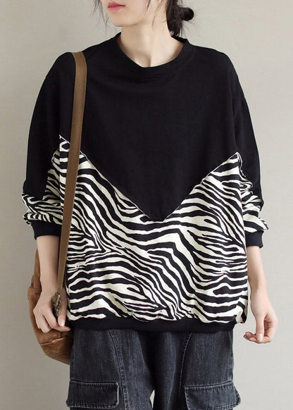 Black O-neck Patchwork Pullover Sweatshirt Long Sleeve