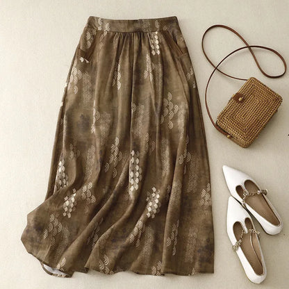 French Navy Print Pockets Elastic Waist Cotton Skirt Summer