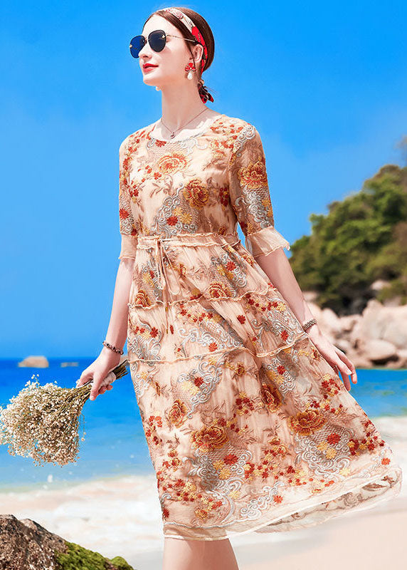 Handmade Apricot O-neck Embroideried Ruffled Silk Cinch Dresses Short Sleeve
