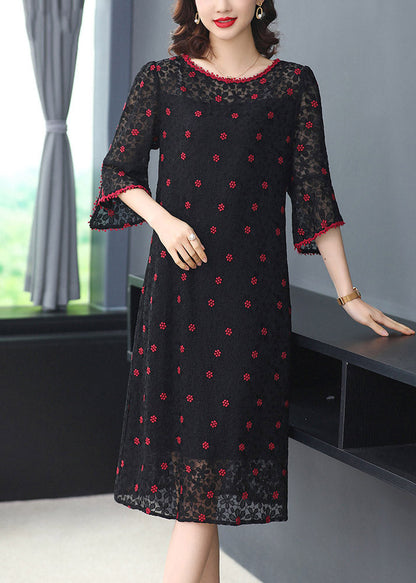 Fitted Green O-neck Embroideried Silk Dress Half Sleeve