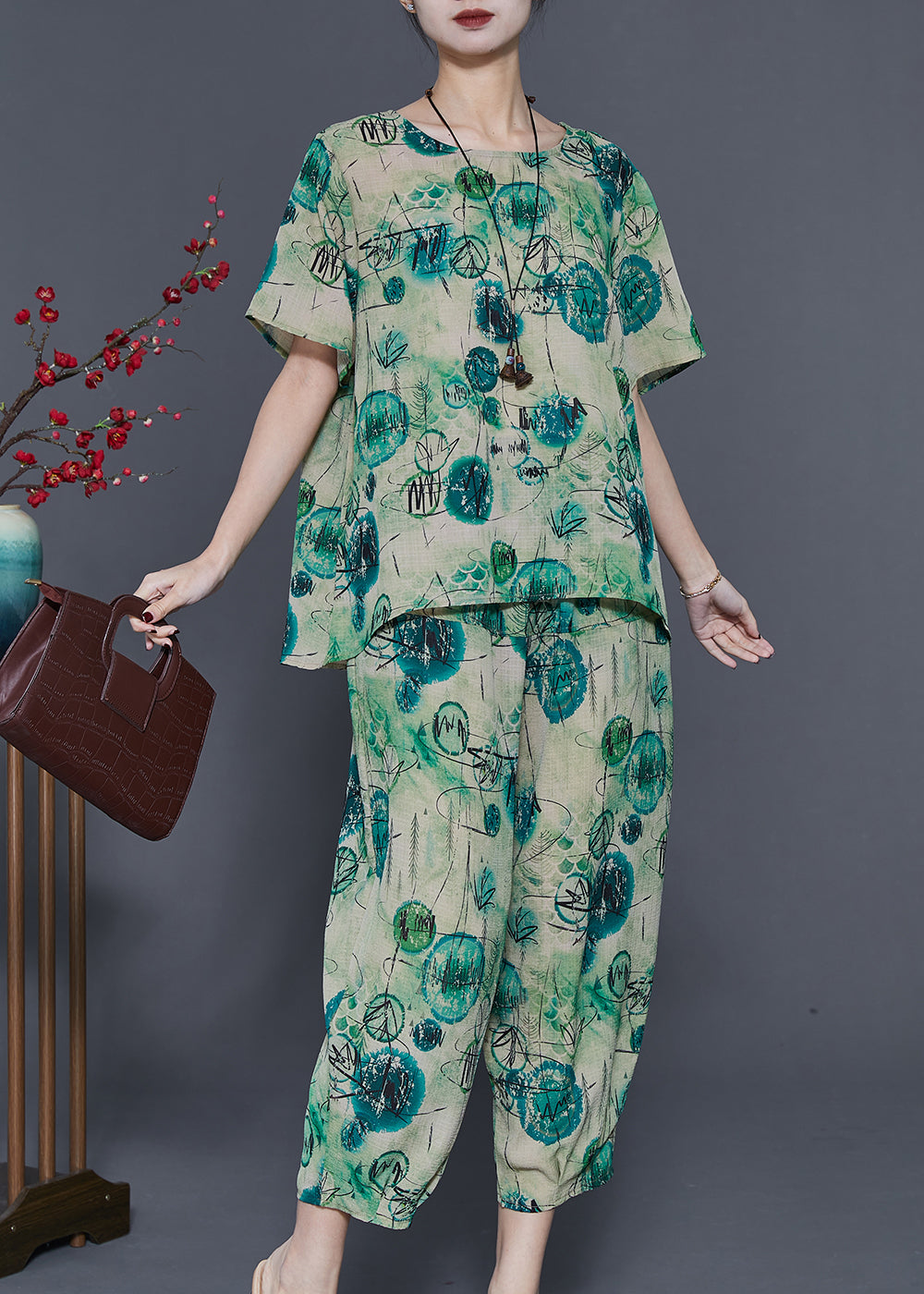 Green Oversized Print Linen Two Piece Set Summer