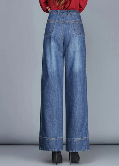 Fitted Navy High Waist Draping Pockets Cotton Denim Wide Leg Pants Summer
