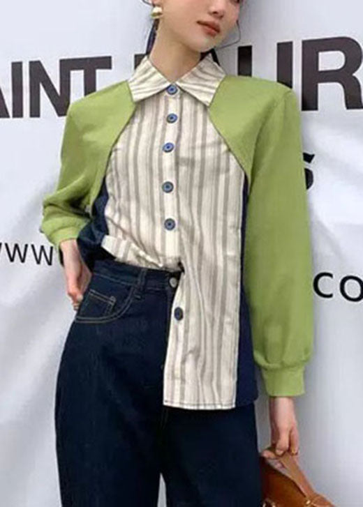 Handmade Green Patchwork Striped Button Fall Long Sleeve Top