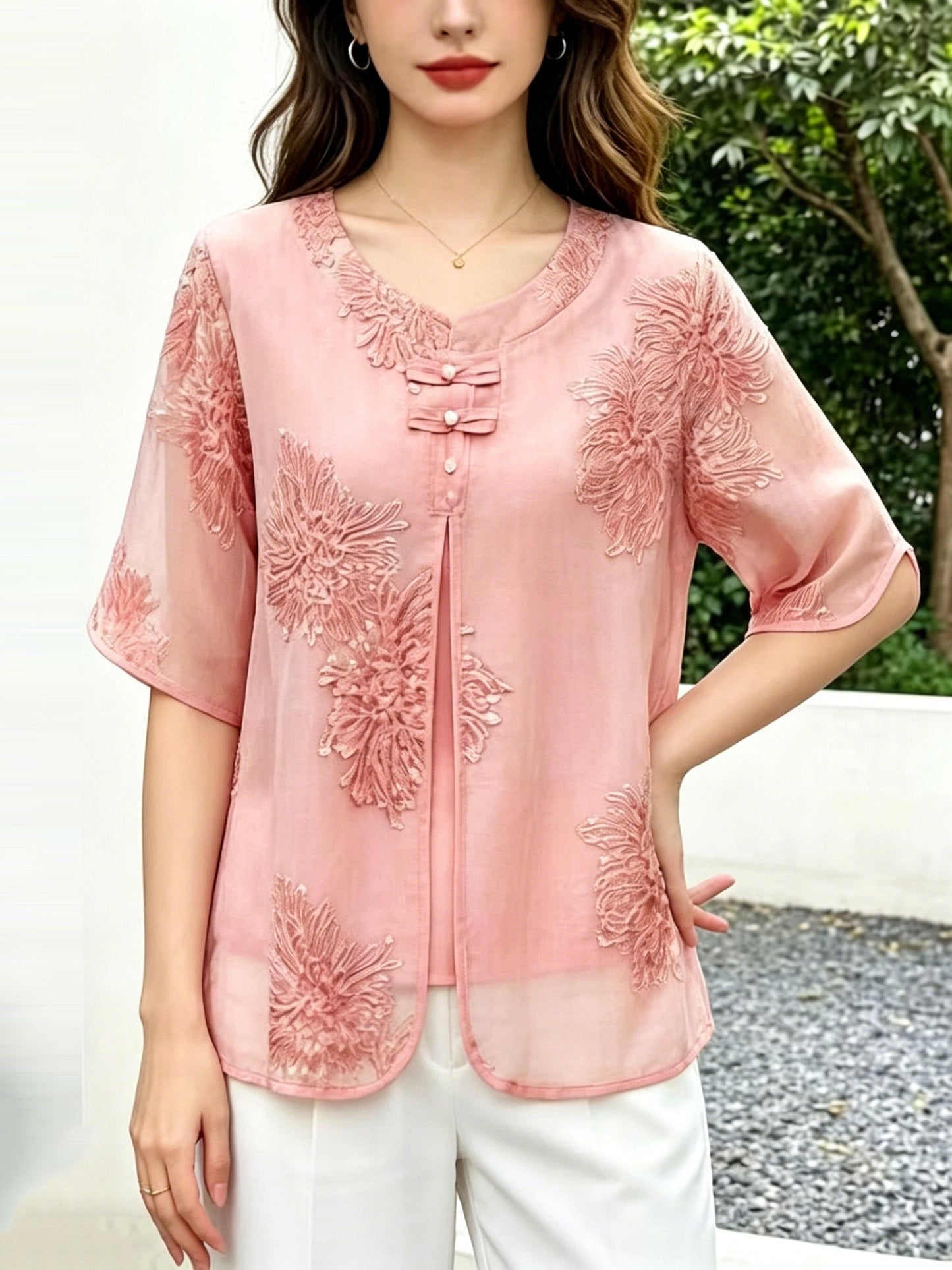 Pink Embroidered Chinese Button Silk Blouse Top Summer