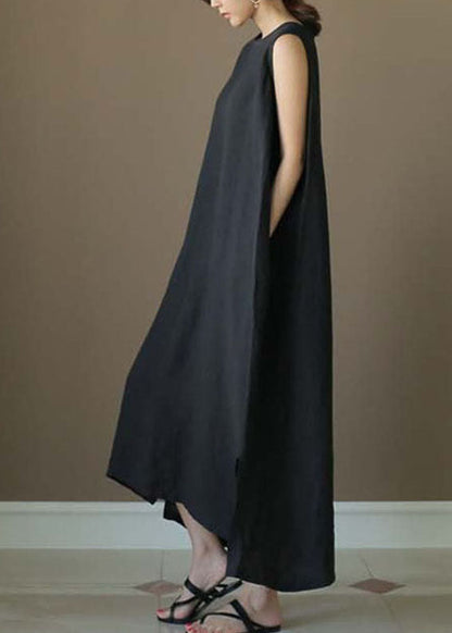 French Black O-neck Low High Design Linen Party Dress Sleeveless