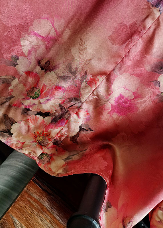Red O Neck Print Silk Tops Lantern Sleeve