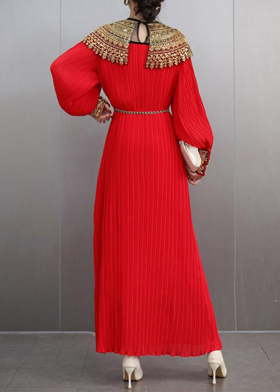 Red Patchwork Slim Party Long Dress Lantern Sleeve