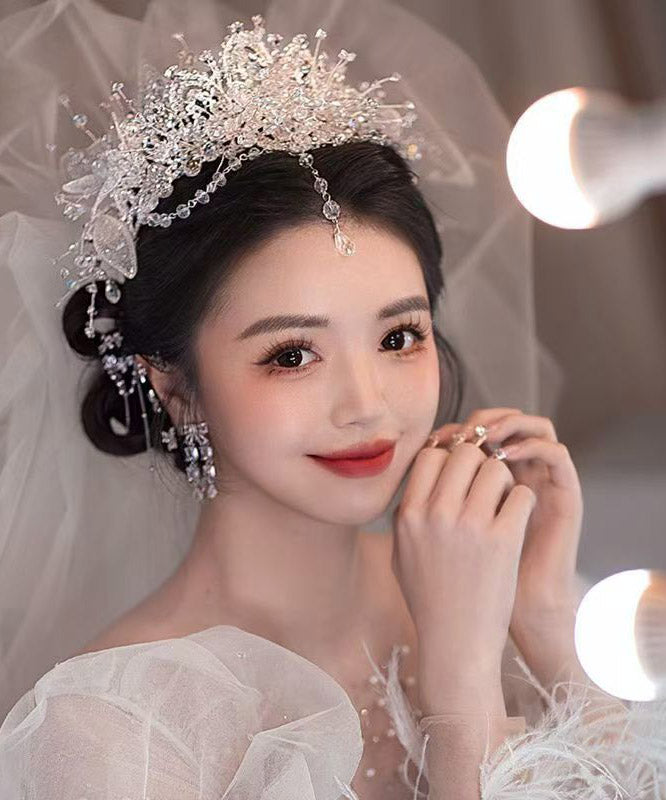 White Alloy Zircon Crystal Tassel Drop Earrings and Hairpiece Two-piece Set