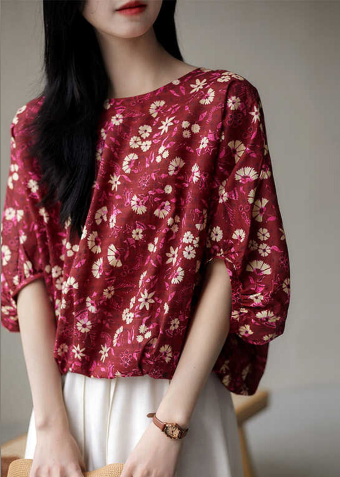 Red Print Lace Up Cotton T Shirt Half Sleeve