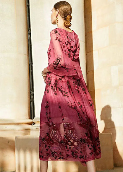 Stylish Rose V Neck Embroideried Hooded Silk Two Pieces Set Dresses Summer