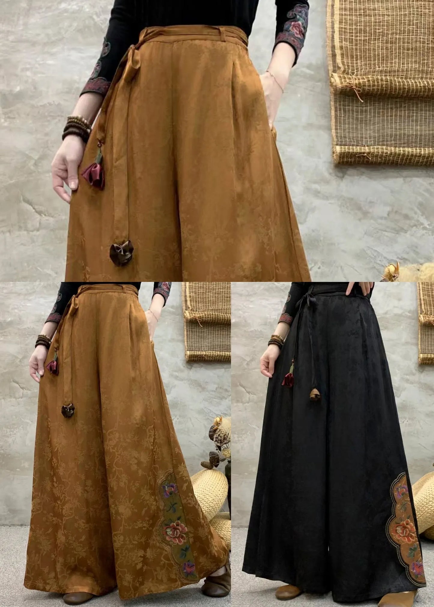 Boutique Brown Embroidered Pockets Silk Pants Fall