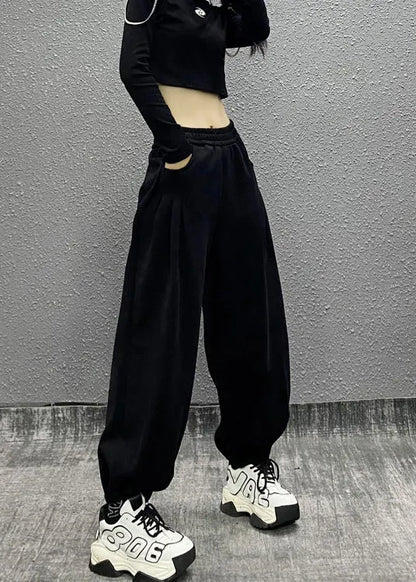 Grey Pockets Elastic Waist Cotton Beam Pants Fall