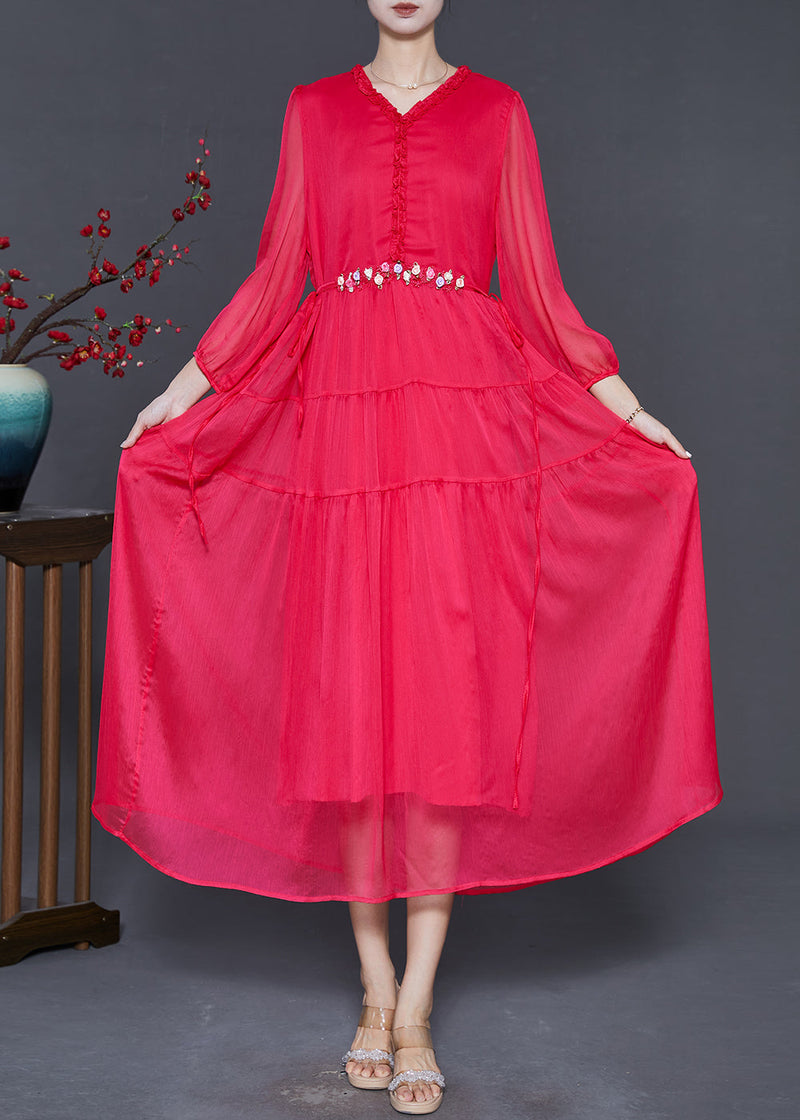Classy Red Ruffled Silk Beach Dresses Spring