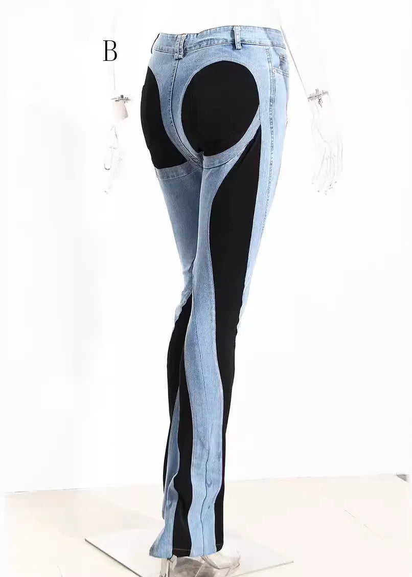 Hollow Out Tulle Patchwork Denim Trousers Fall