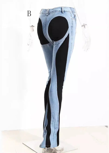 Hollow Out Tulle Patchwork Denim Trousers Fall