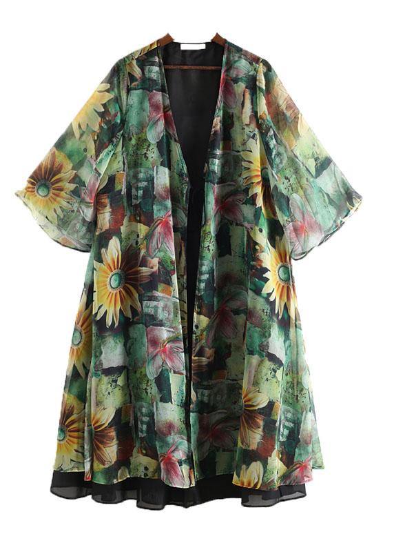 Green Print Long Sleeve Chiffon Long Cardigan