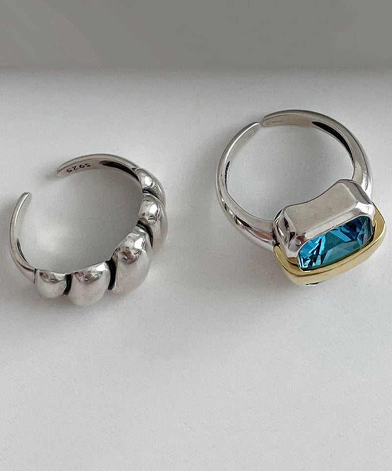 Blue Sterling Silver Square Gem Stone and Wrinkled Two Piece Set Rings