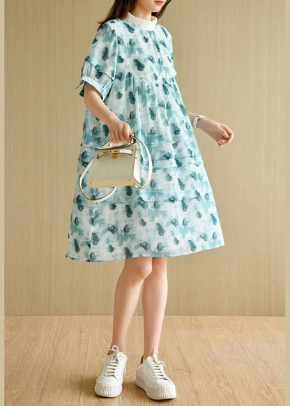 Green Peter Pan Collar Print Summer Cotton Dress Short Sleeve