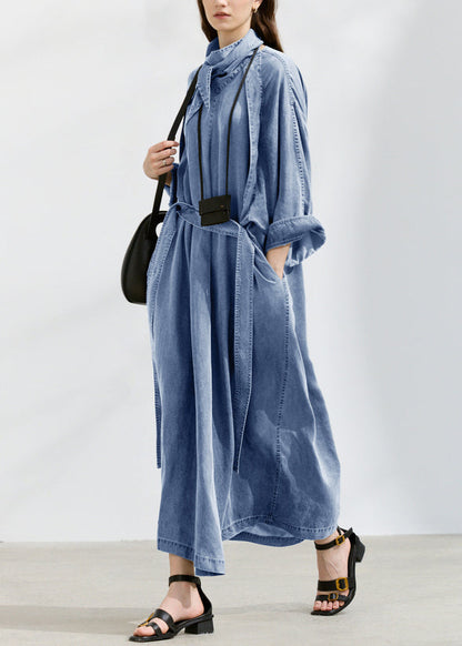 Grey Turtle Neck Pockets Lace Up Denim Long Dresses Fall