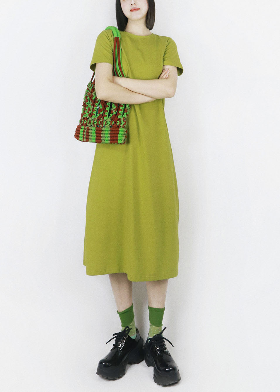 French Green O-neck Oversized Color Cotton Maxi Dress Half Sleeve