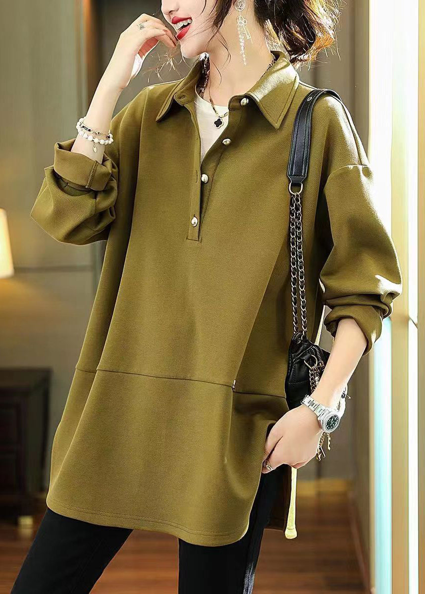 Army Green Peter Pan Collar Patchwork Cotton Shirts Fall