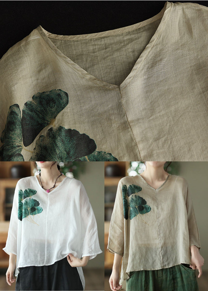 White V Neck Print Linen Shirt Top Batwing Sleeve