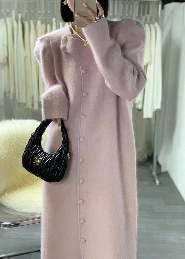 French White Puff Sleeve Button Patchwork Cotton Blend Coat Winter