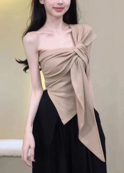 Khaki Asymmetrical One Shoulder Cotton T Shirt Sleeveless