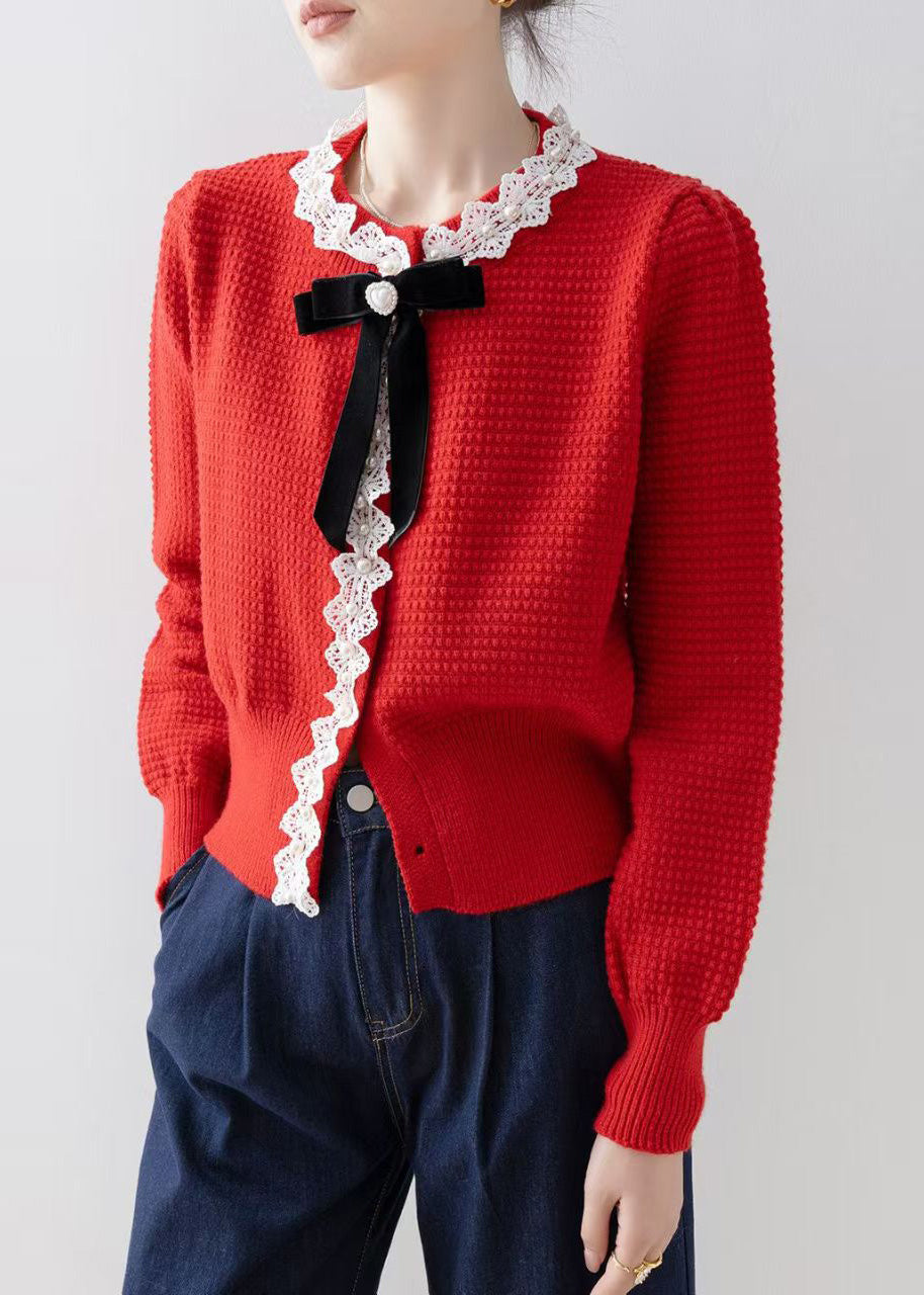 Red Bow Nail Bead Knit Cardigan Winter