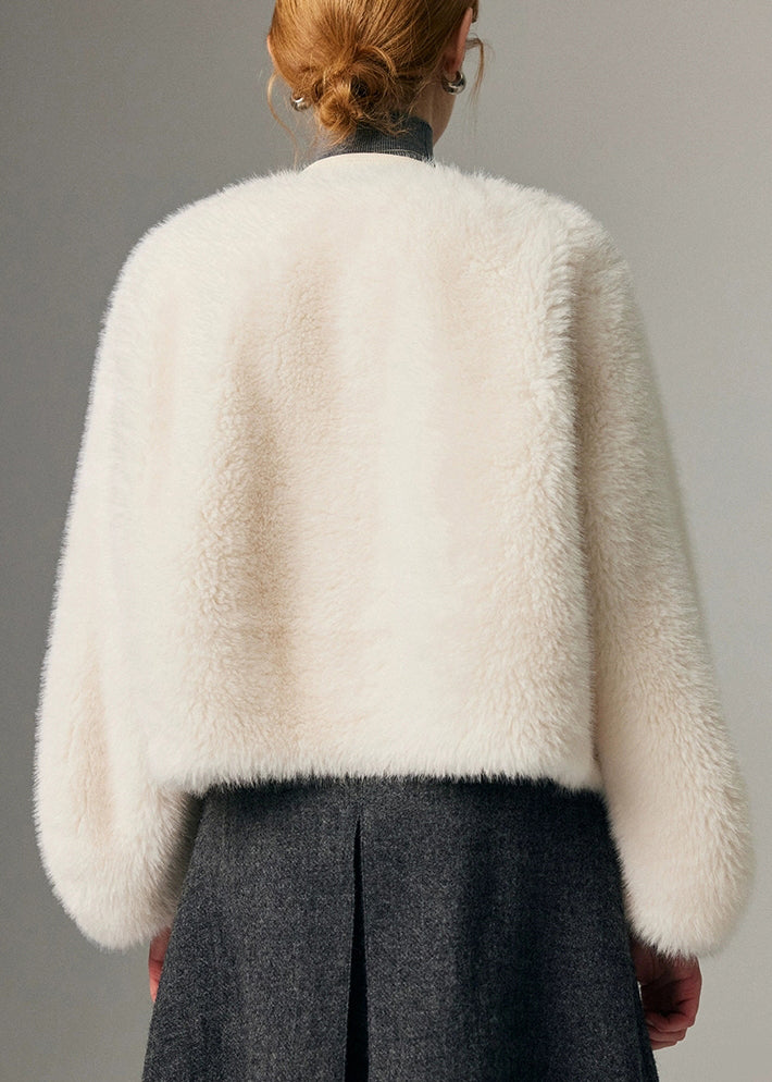 Fine White Original Design Button Leather and Fur Coat