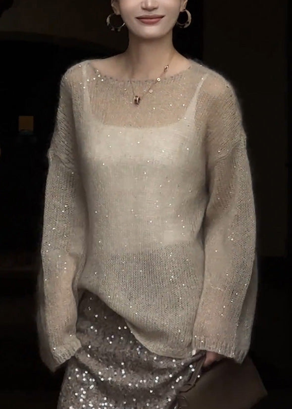 Champagne Color O Neck Sequins Thin Knit Top Fall