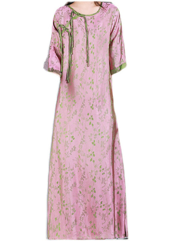 Jacquard Pink O-neck Print Button Silk Long Dress Half Sleeve