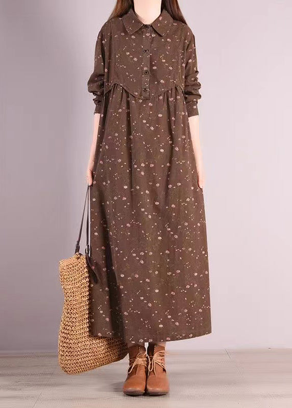 Coffee Peter Pan Collar Patchwork Cotton Dress Fall
