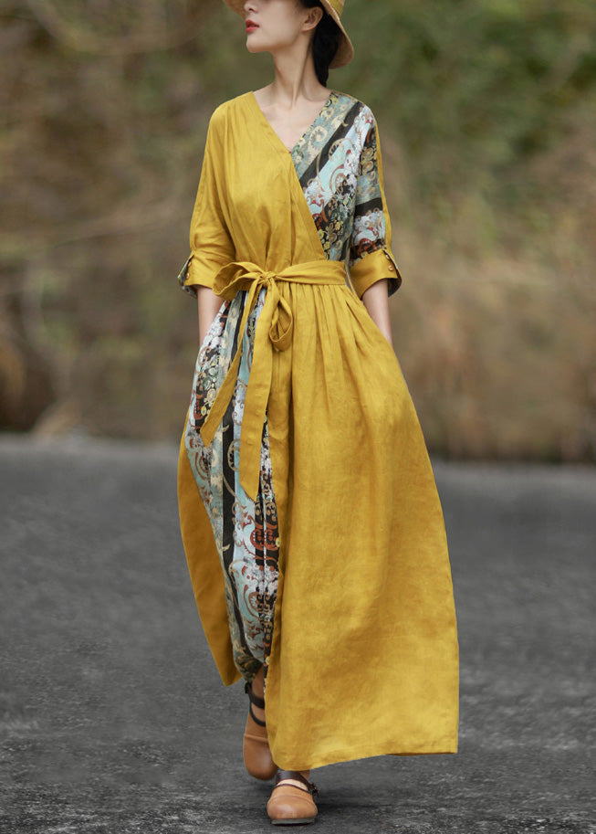 Yellow V Neck Tie Waist Patchwork Cotton Maxi Dresses Half Sleeve