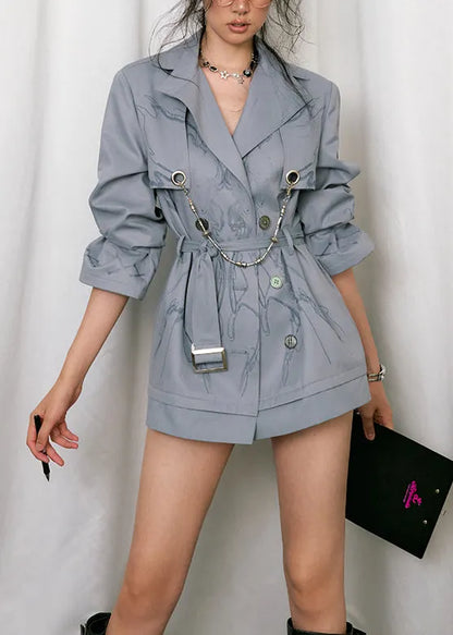 Blue Pockets Tie Waist Cotton Trench Coat Peter Pan Collar