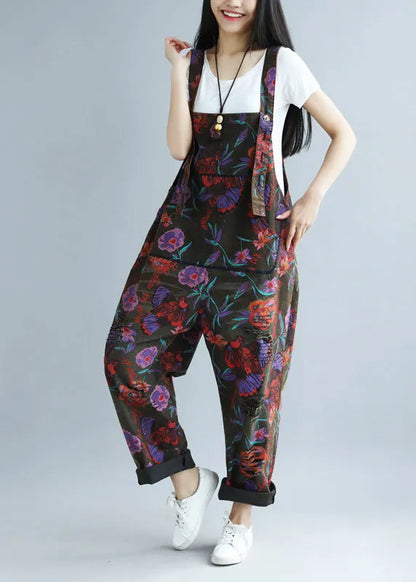 Black Oversized Butterfly Print Ripped Cotton Overalls Jumpsuit Spring