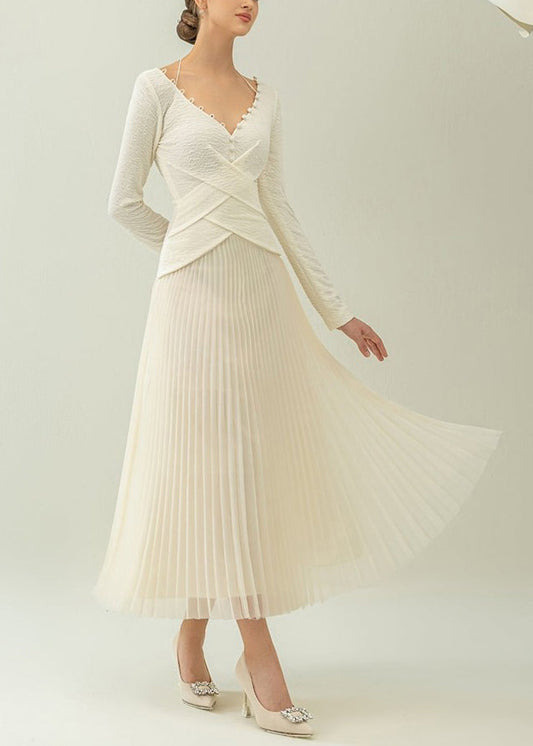 White V Neck Wrinkled Patchwork Cotton Long Dress Fall
