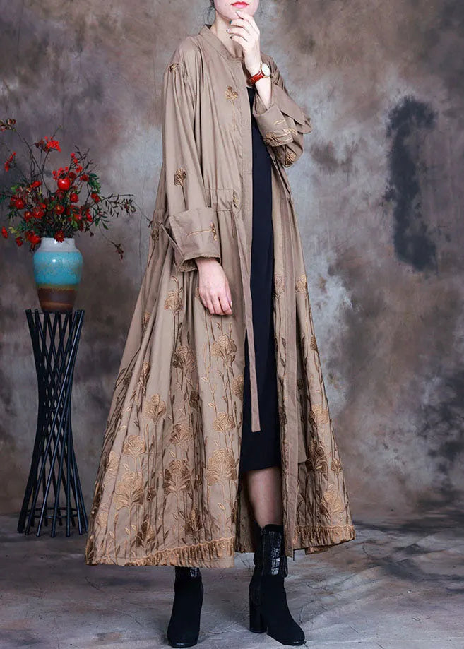 Art Khaki Print Drawstring Spring Trench Coats