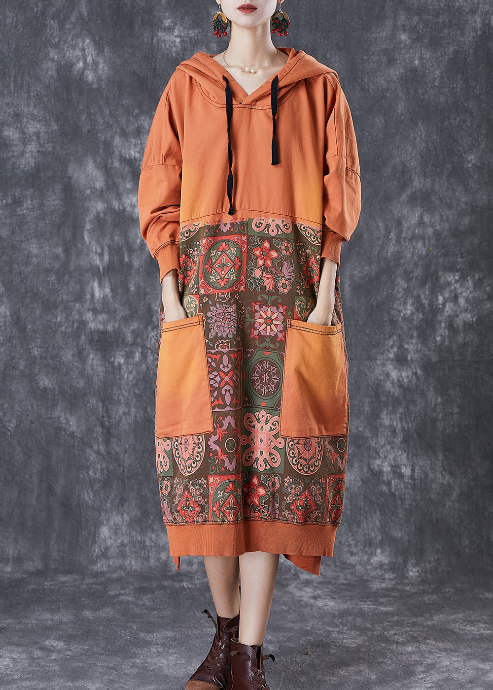 Orange Oversized Patchwork Cotton Pullover Sweatshirt Dress Fall