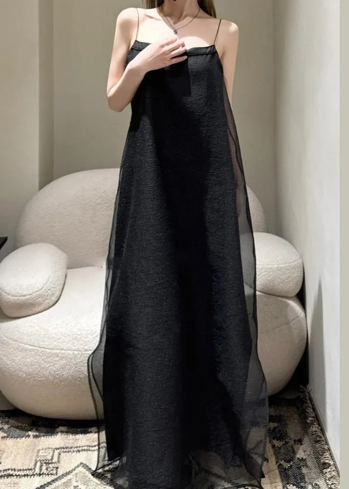 Simple Black Cold Shoulder Tulle Spaghetti Strap Dress Sleeveless