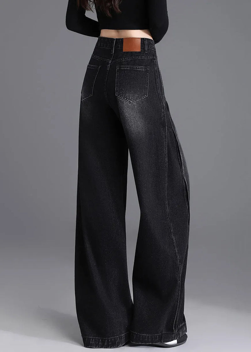 Boutique Black Pockets Denim Wide Leg Pants Spring