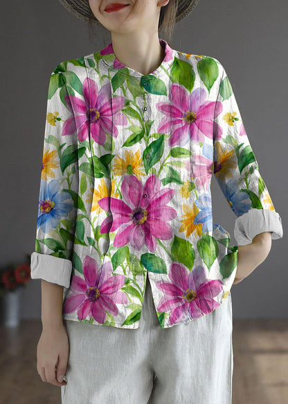 Blue Flower Button Fall Top Long Sleeve Linen