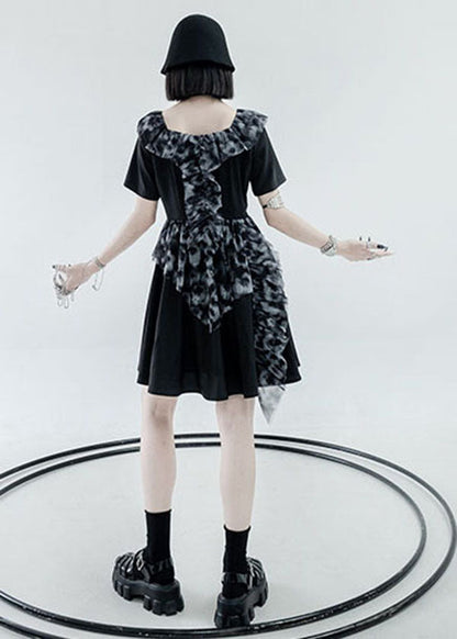 Black Square Collar Ruffled Patchwork Print Pleated Dress Short Sleeve