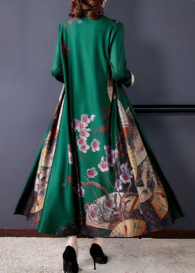 Green Print Chinese Button Silk Fake Two Piece Oriental Dresses Spring