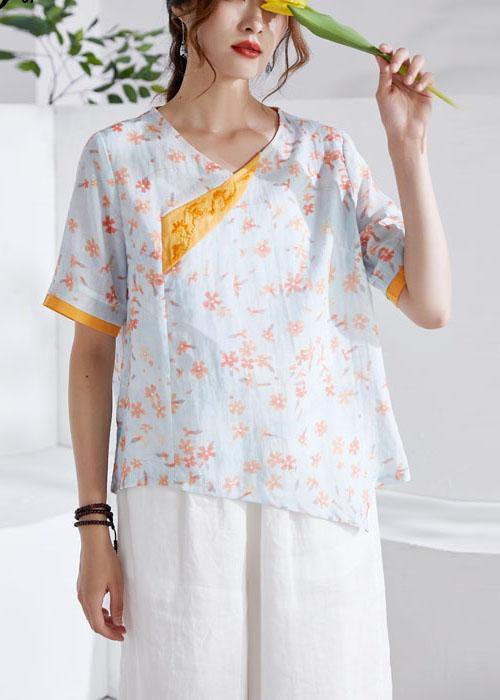 Modern Orange V-neck Patchwork Print Summer Ramie Top